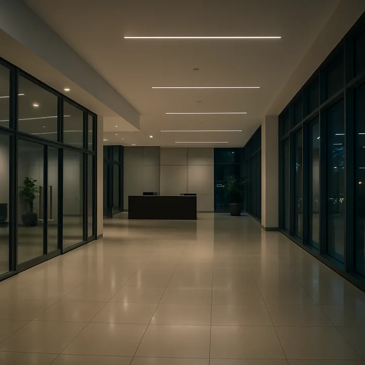 An empty office lobby lit overnight — the shift commercial cleaning is bid and worked on