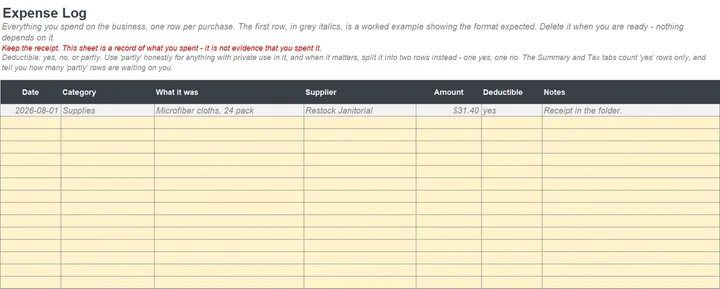The Expense Log tab with date, vendor, category and amount