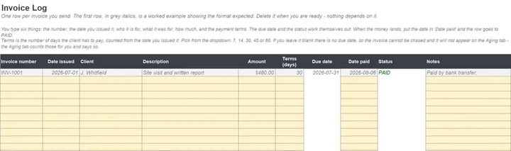 The Invoice Log tab, pre-filled with a worked example invoice